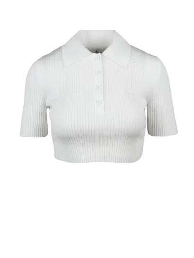 Courrèges Short Ribbed Knit Polo With Classic Collar And Button Placket In White
