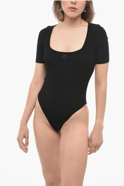Courrèges Short Sleeve Ribbed Bodysuit With Squared Neckline In Black