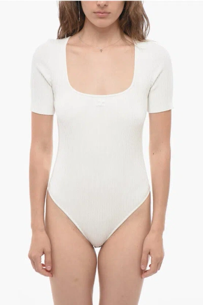 Courrèges Short Sleeve Ribbed Bodysuit With Squared Neckline In White