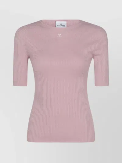Courrèges Short Sleeve Ribbed Crewneck Knitwear In Pink