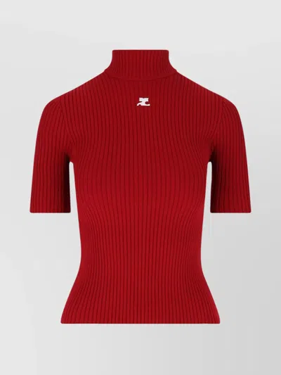 Courrèges Short Sleeve Ribbed Mock Neck Sweater In Red