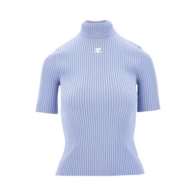 Courrèges Short-sleeved 'reedition' Ribbed Knit Top In Blue