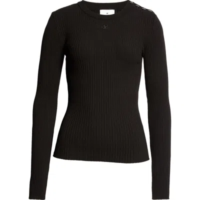 Courrèges Shoulder Snaps Rib Knit Sweater In Black