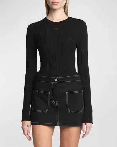 Courrèges Shoulder Snaps Long-sleeve Rib Sweater In Black