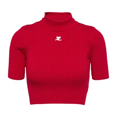 Pre-owned Courrèges Shoulder Snaps Rib Knit Crop Sweater 'groseille Fonce' | Red | Women's Size L