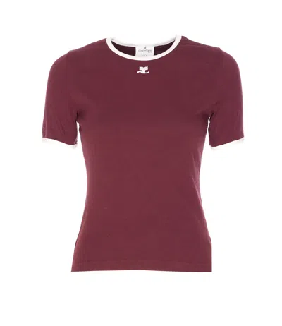 Courrèges Bordeaux Signature Contrast T-shirt In Burgundy