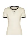 Courrèges Buckle Contrast Cotton T-shirt In White Black
