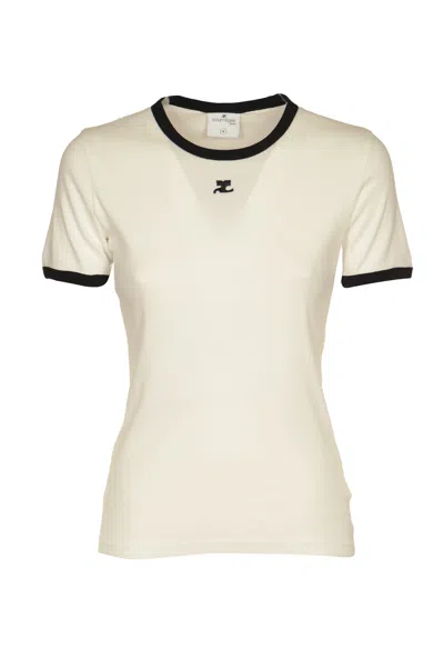 Courrèges Buckle Contrast Cotton T-shirt In White Black