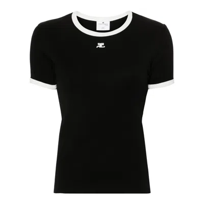 Courrèges Courreges Women Cotton T Shirt With Contrasting Profiles In Black