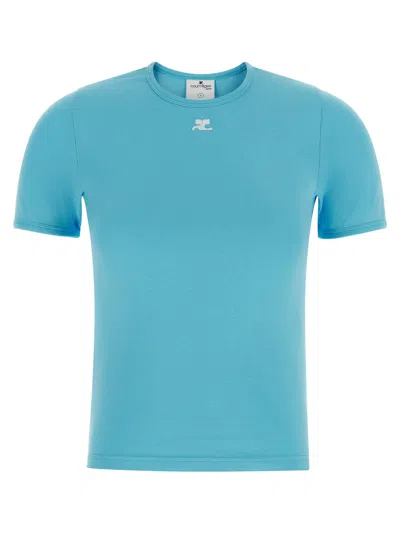 Courrèges Cotton Crewneck With Logo Patch T-shirt In Blue
