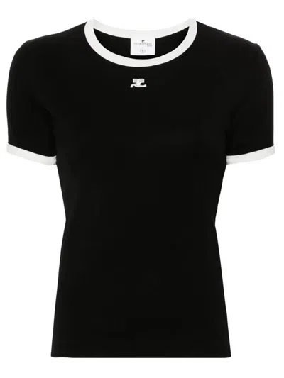 Courrèges Courreges Women Cotton T Shirt With Contrasting Profiles In Black