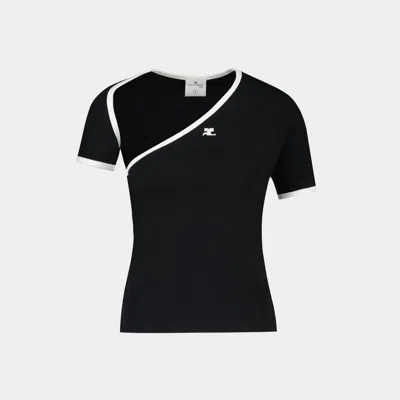 Courrèges Slash Contrast Cut Out Jersey T-shirt In Schwarz