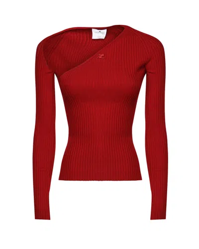 Courrèges Slash Asymmetric-neck Ribbed-knit Top In Red