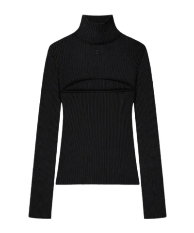 Courrèges Slash-detail Ribbed-knit Sweater In Black