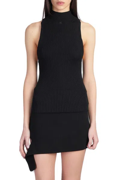 Courrèges Sleeveless Ribbed-knit Tank Top In Black