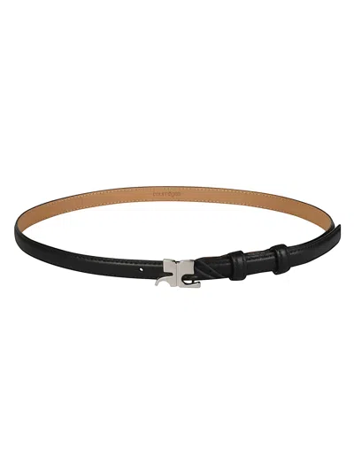 Courrèges Slim Calfskin Silver Buckle Belt In Black