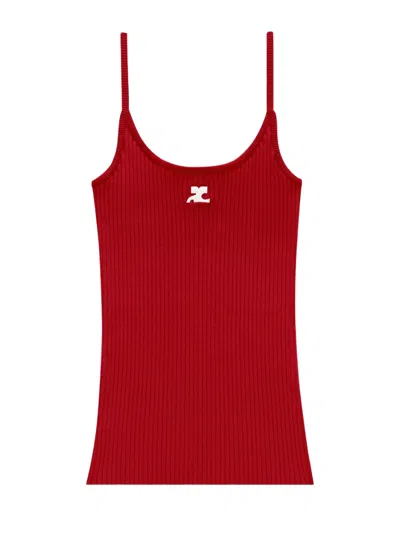 Courrèges Slim Fit Ribbed Knit Tank Top With Scoop Neckline In Red
