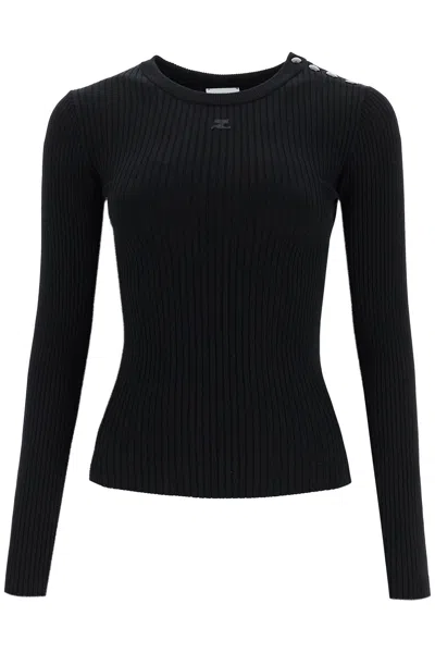 Courrèges Slim Fit Ribbed Stretch Knit Pullover Sweater In Black