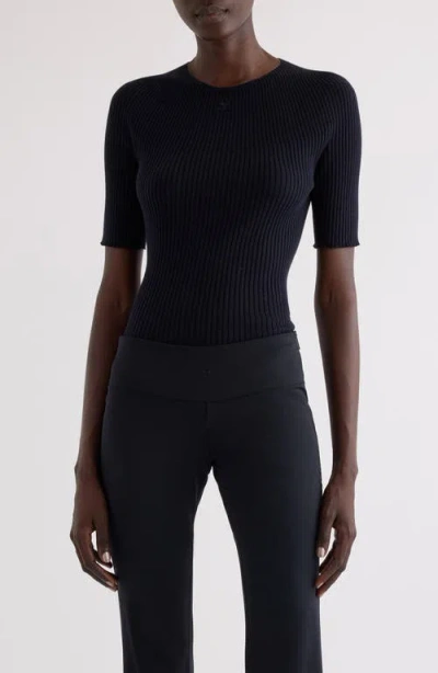 Courrèges Solar Light Short Sleeve Cotton & Merino Wool Rib Jumper In Black