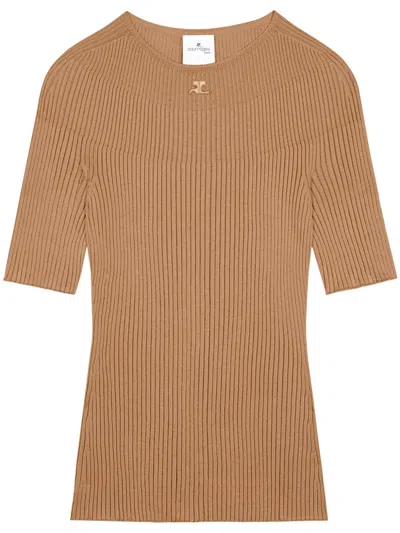 Courrèges Logo-embroidered Cotton-blend Jumper In Brown