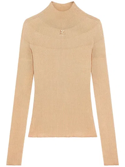 Courrèges Ribbed Turtleneck Sweater With Monogram In Brown