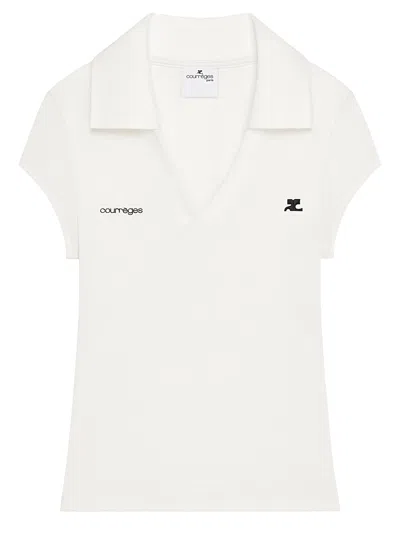Courrèges Cropped Polo Top Short Sleeves V Neck In White