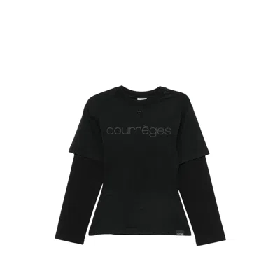 Courrèges Stonewashed Cotton With Layered Sleeves T-shirt In Black