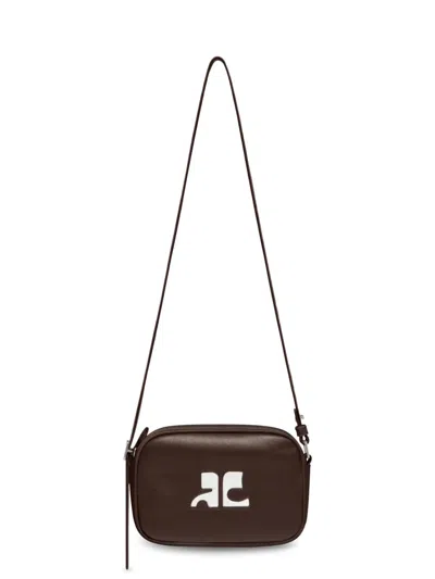 COURRÈGES STRUCTURED BROWN CALF LEATHER CAMERA BAG WITH DETACHABLE STRAP