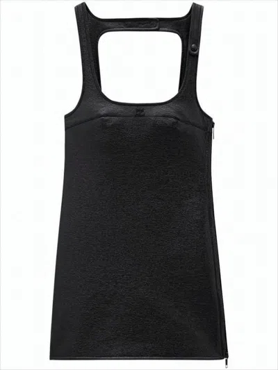 COURRÈGES STRUCTURED MIDI DRESS WITH SUBTLE SHEEN AND SQUARE NECKLINE
