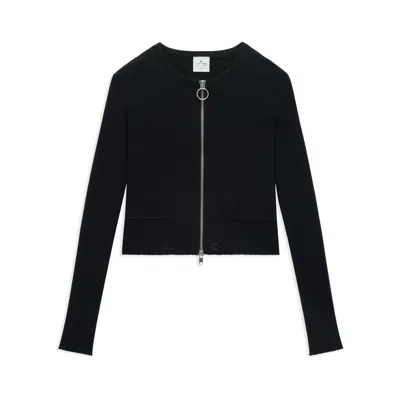 Courrèges Cropped Ribbed Sweater With Modern Zipper Closure In Black