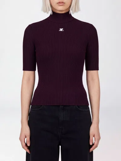 Courrèges Reedition Ribbed-knit Short-sleeve Sweater In Brown