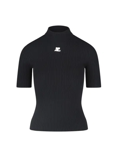 Courrèges Reedition Short Sleeves Rib Knit Sweater In Black