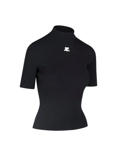 Courrèges Short-sleeved Ribbed Re-e In Black