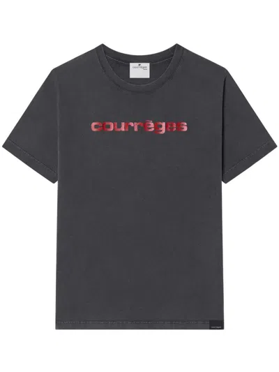 Courrèges T-shirt In Grey Cotton With Red Logo In Black