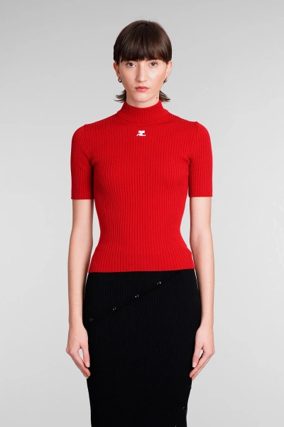 Courrèges Mock-neck Short-sleeve Rib Pullover In Brown