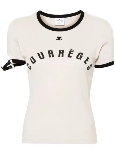 Courrèges Buckle Logo Cotton Jersey T-shirt In Lime Stone / Black