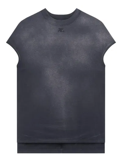 Courrèges Short Sleeve Crew Neck Nylon Silk Top In Black