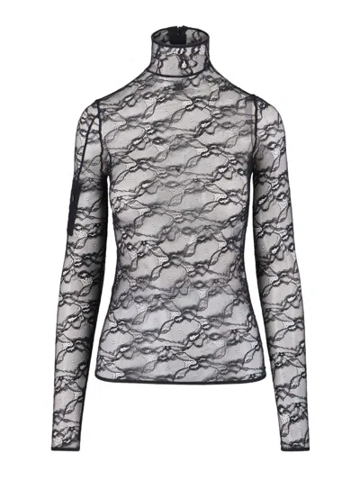 Courrèges Sheer Lace High Neck Long Sleeve Top In Multi