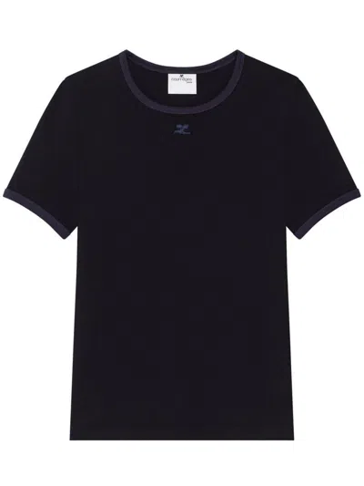 Courrèges T-shirt In Cotone Nero Con Logo E Girocollo Blu In Nero E Blu Navy