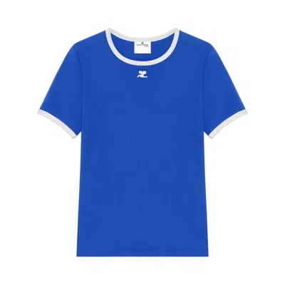 Courrèges Cropped Embroidered Cotton-jersey T-shirt In Blue