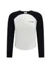 Courrèges Long-sleeved Contrast T-shirt With Rounded Hem And Logo Print In White