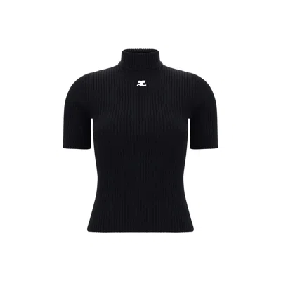 Courrèges Knit Viscose Blend Logo Top In Navy