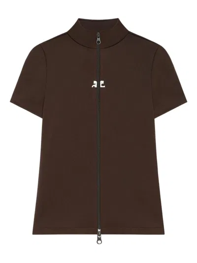 Courrèges Top Nero Con Zip Centrale E Logo Courreges In Brown