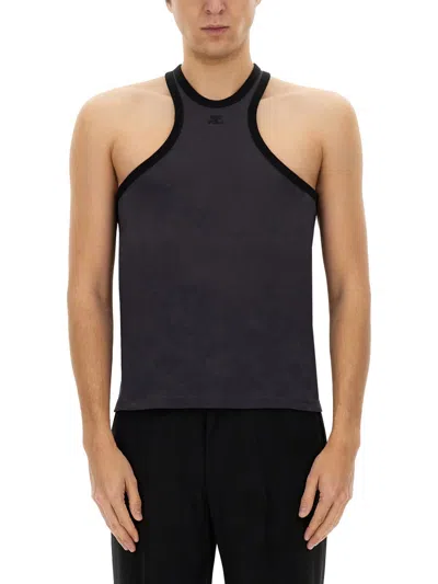 Courrèges Fitted Racerback T-shirt With Embroidered Logo In Gray