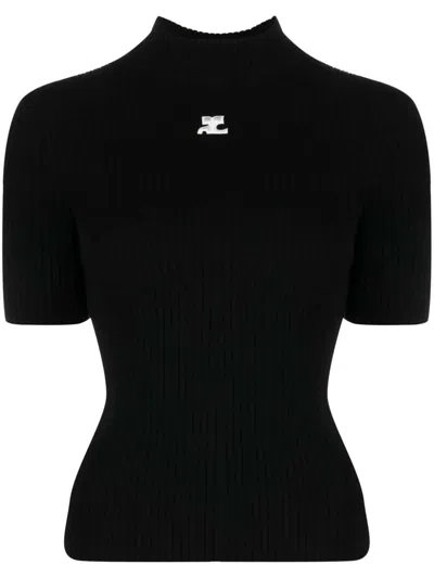Courrèges Reedition Knit Mock Neck Short Sleeve Top In Black