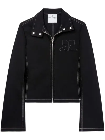Courrèges Topstitched Denim Biker Jacket In Black