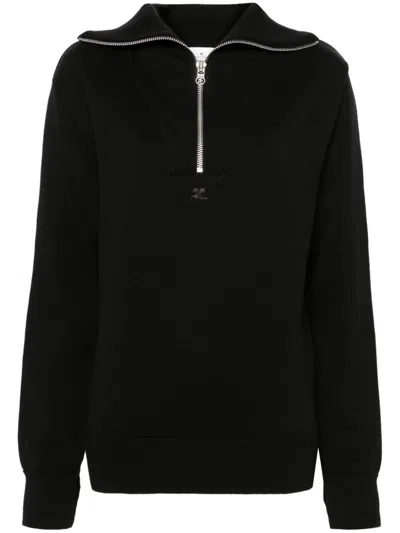 Courrèges Merino Wool Sweater With Zip Closure And Attached Hood In Black