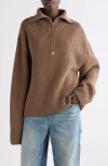 Courrèges Trucker Wool Rib Half Zip Sweater In Brown