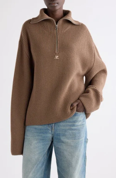 Courrèges Trucker Wool Rib Half Zip Sweater In Brown