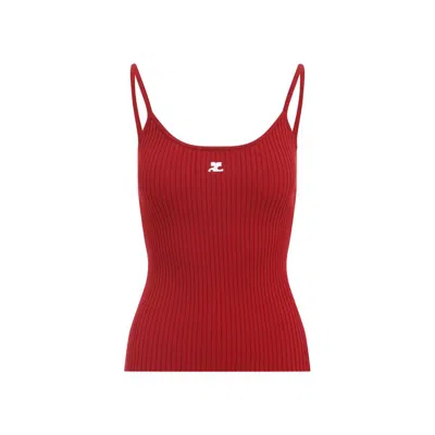 Courrèges Ribbed Texture Spaghetti Straps Top In Red